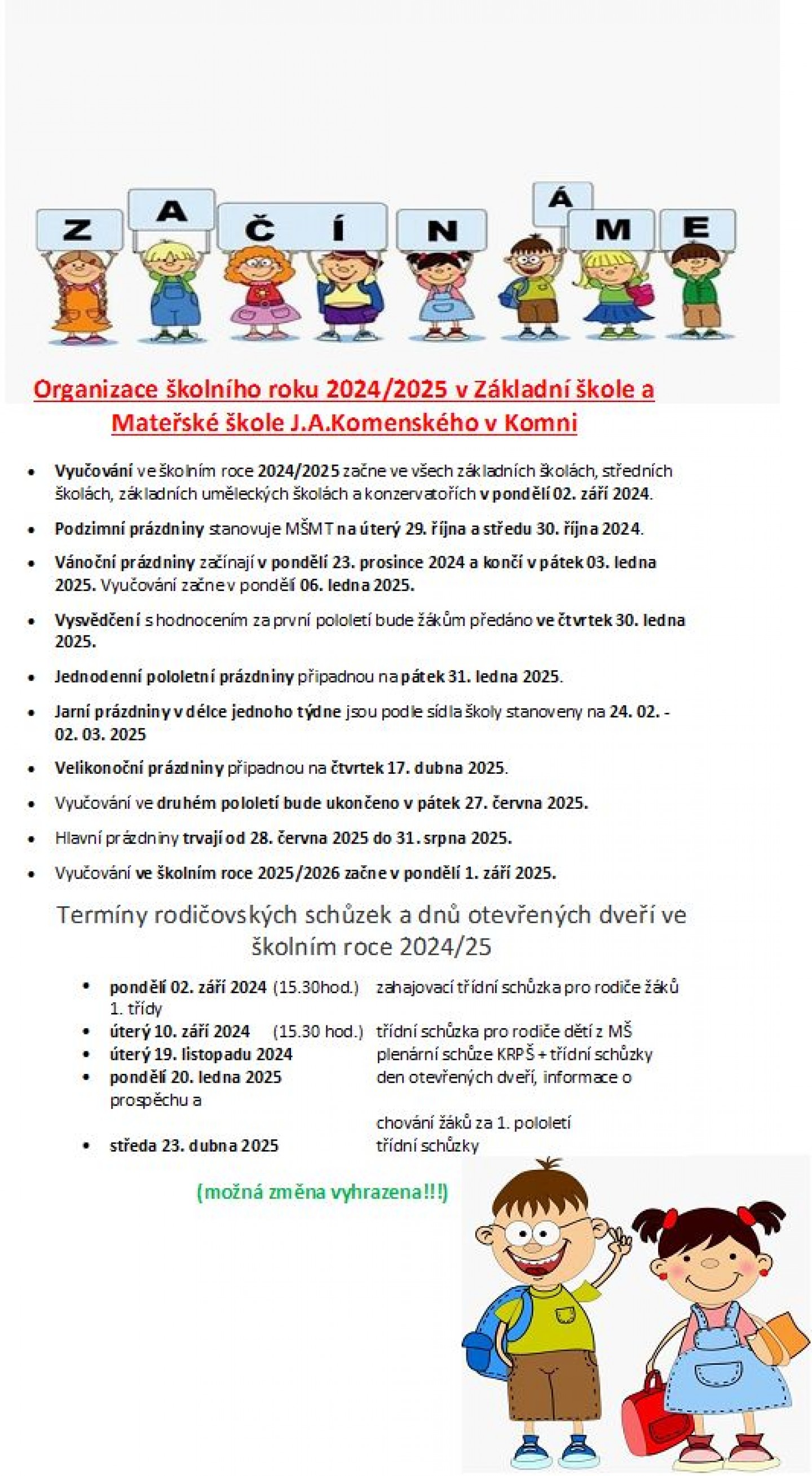 organizace školního roku 2024-2025